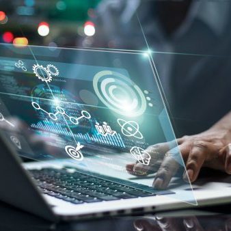 Data scientists. Male programmer using laptop analyzing and developing in various information on futuristic virtual interface screen. Algorithm. marketing and deep learning of artificial intelligence