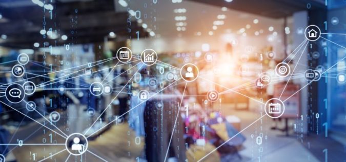 retail store wiht cybersecurity graphics over it