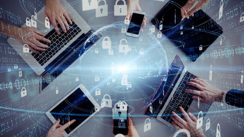 mobile devices in a circle with locks