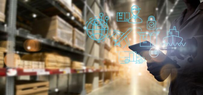 warehouse of goods with shipping icons