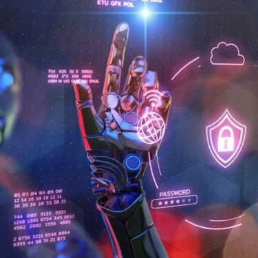 image of robot touching a screen with cybersecurity icons