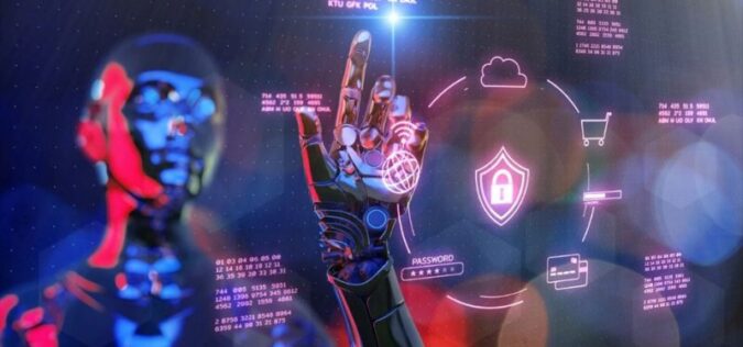 image of robot touching a screen with cybersecurity icons