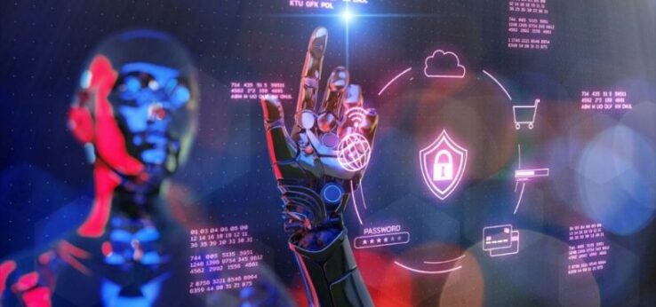 image of robot touching a screen with cybersecurity icons