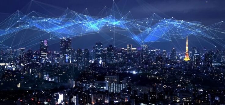 a city skyline with a digital protection grid over it