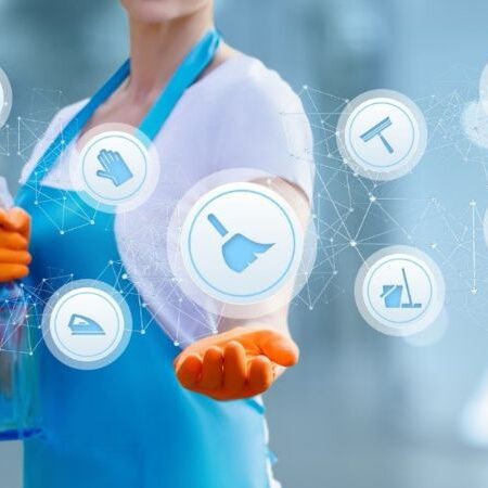 a cleaning woman with a bunch of images of cleaning products