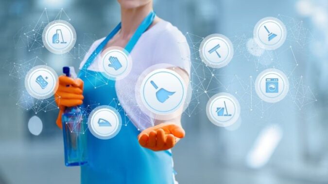 a cleaning woman with a bunch of images of cleaning products