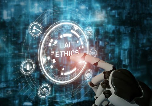 ai robot finger touching a screen that says ai ethics