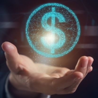 a hand outstretched with a digital dollar sign over it