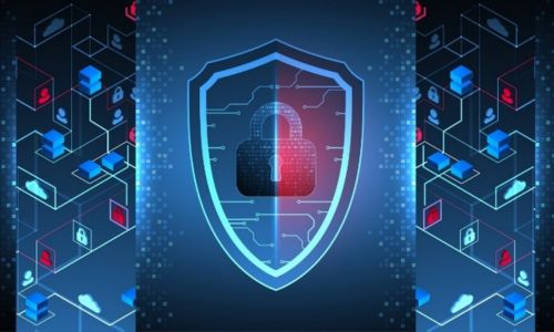 a digitized padlock on top of a symbol of  a shield
