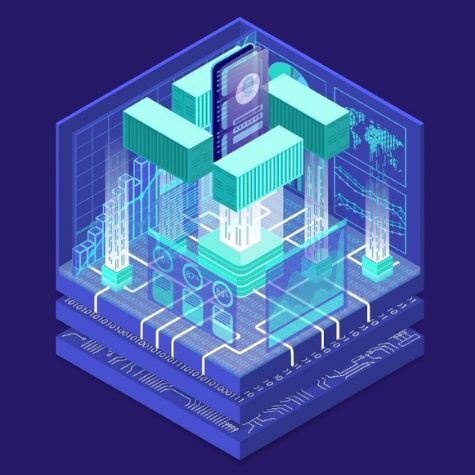 a vector image of a cube with different computer chip components in it