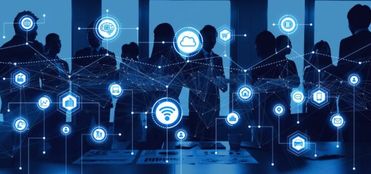 pictures of a group of people with computer icons in front of them