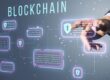image showing "blockchain" written out with a hand pointing to a cybersecurity button