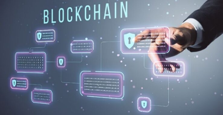 image showing "blockchain" written out with a hand pointing to a cybersecurity button