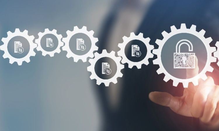 image of gears with file icon in the center of them with one having an image of a lock in the center 