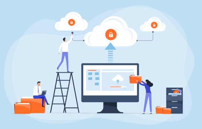 vector image of people working on a laptop together