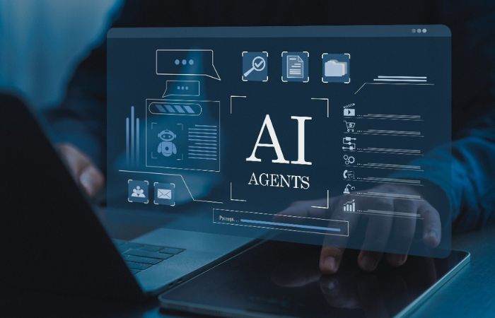 computer transparent like screen with "ai agents" written on it