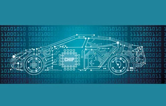 digital blueprint of car with an AI chip in it