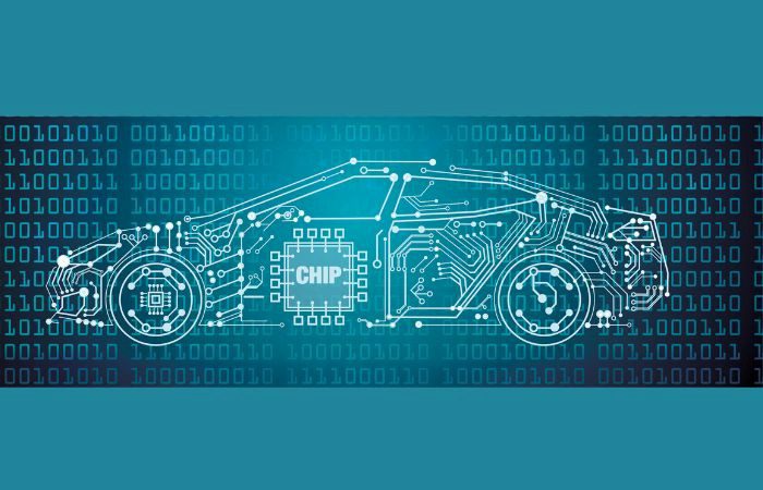 digital blueprint of car with an AI chip in it