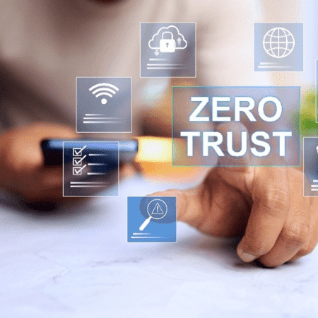 image of a man sitting with zero trust written across the screen