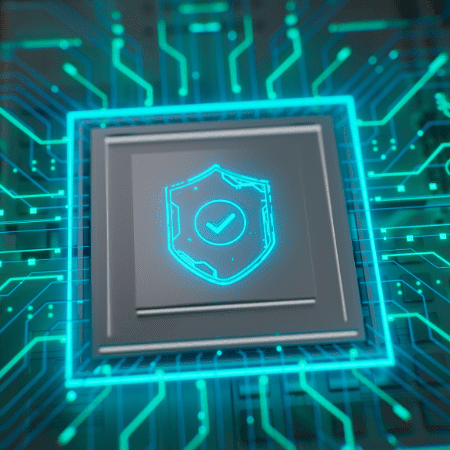 a check mark on a microchip indicating that the network is secure