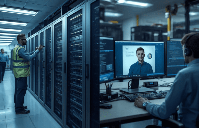 a side by side image of one employee on-site and another working on a problem remotely 
