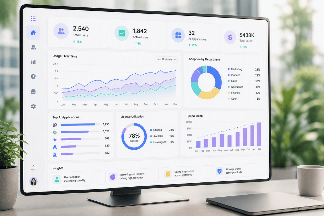 dashboard of various charts for full oversight of AI usage, licenses, users, spend, and more.